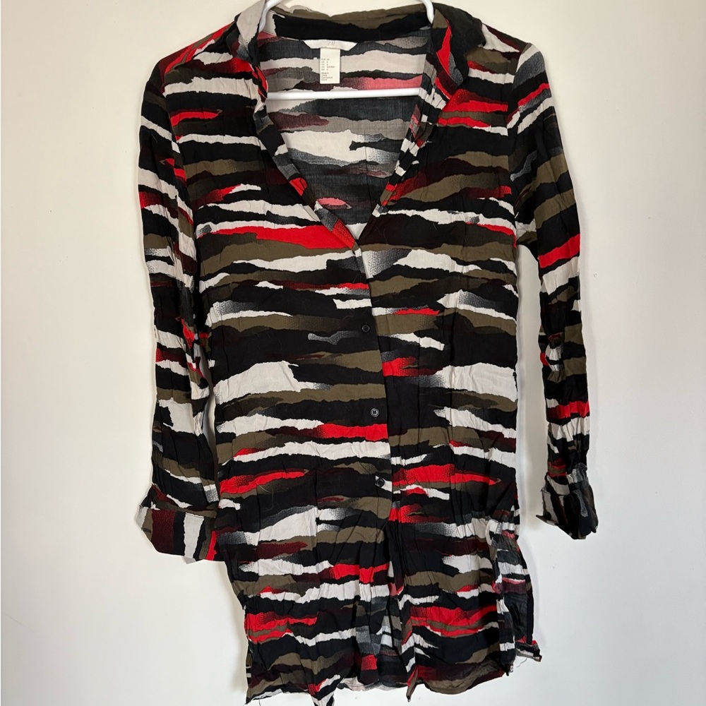H&M Multicolor Striped Button-Down Long Shirt — Black, Orange, White, Olive